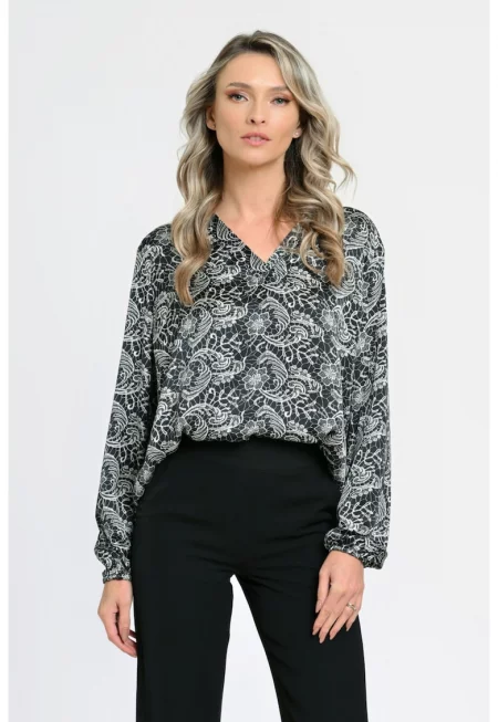 888144269-Дамска блуза с дълъг ръкав тип Кимоно - Черно с бяло в бароков стил