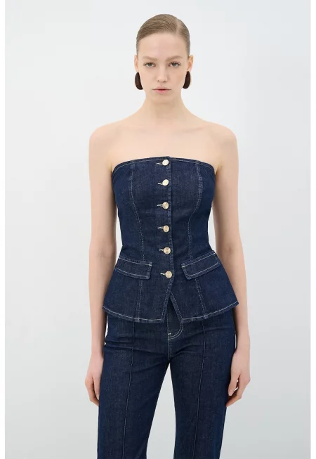 Блуза от деним с копчета без ръкави - Ултрамарин синьо