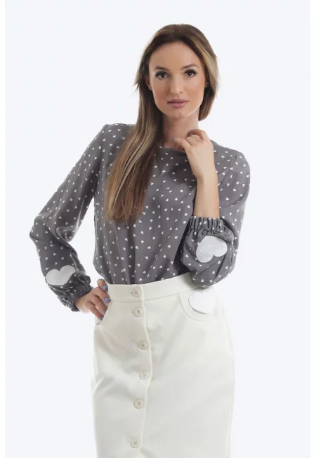 Блуза от вискоза със сърцевидна шарка - Бял/Сив
