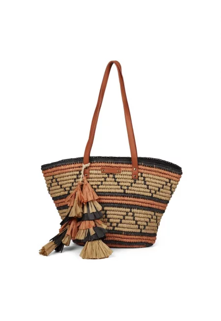 Чанта през рамо от рафия с пискюли - Многоцветен