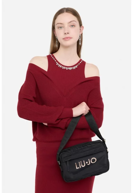 Чанта през рамо от текстил с лого - Черен