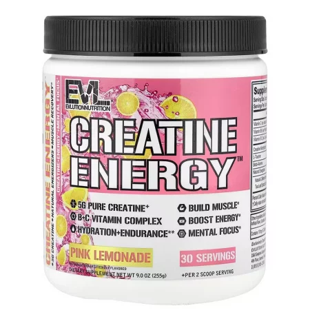 Creatine Energy – Креатин монохидрат 5000 mg с витамини C, B6 и B12 - Физическа издръжливост, с вкус на розова лимонада, 255 g