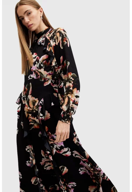 Дълга флорална рокля Jessica - Черен/Оранжев