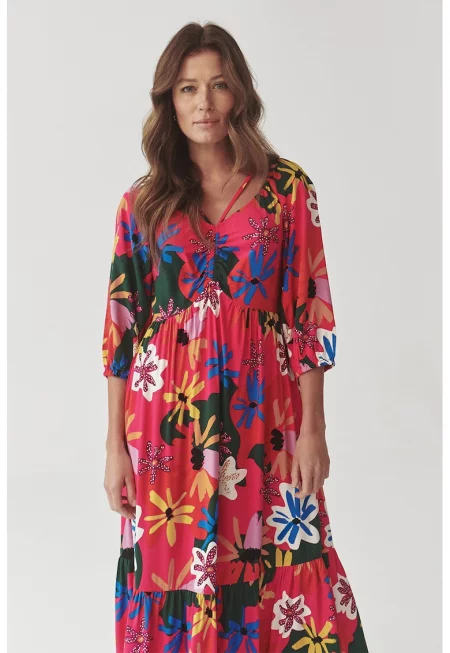 Дълга рокля с десен и шпиц - Зелен/Яркорозово/Кралско Синьо