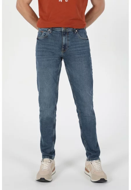 Дънки по тялото с 5 джоба - Син меланж