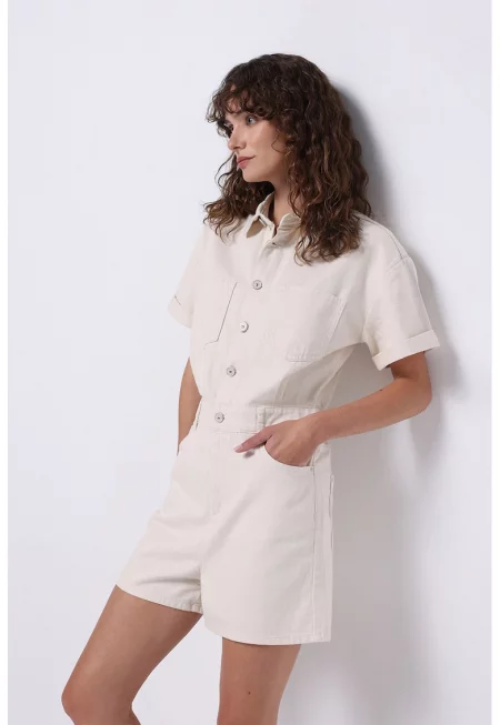 Дънков къс гащеризон с копчета - Светло бежово
