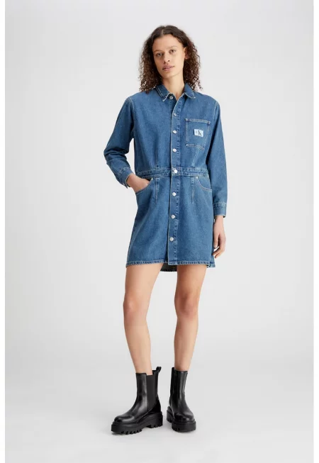 Дънкова рокля с джоб на гърдите - Тъмносин