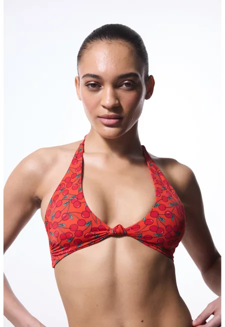 Халтер горнище на бански с принт - Червен/Папратово зелено