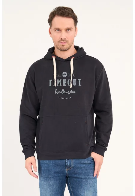 Худи с джоб кенгуру и лого - Черен/Пепеляво сиво