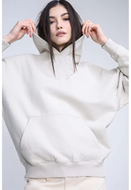 Худи с принт и паднали ръкави - Крем