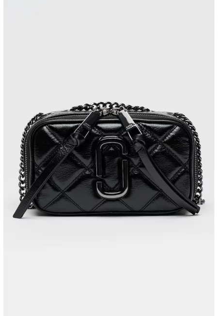 Капитонирана кожена чанта през рамо с презрамка с верижка - Черен