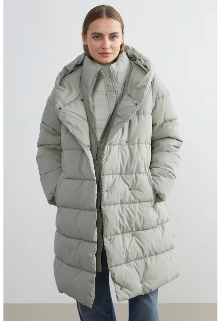 Капитонирано зимно яке с качулка - Пепеляво сиво