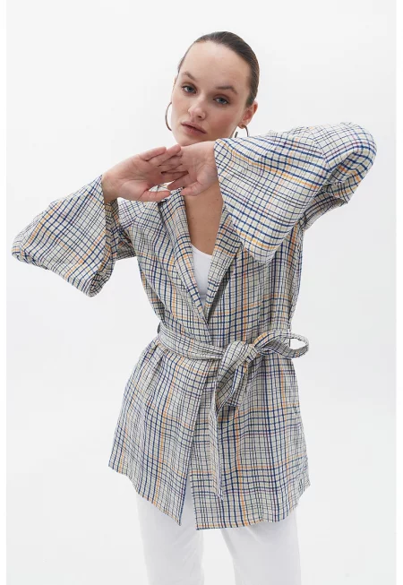 Карирано сако с колан - Светло сив/Оранжев/Син