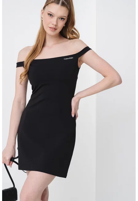 Къса рокля с голи рамене и лого - Черен