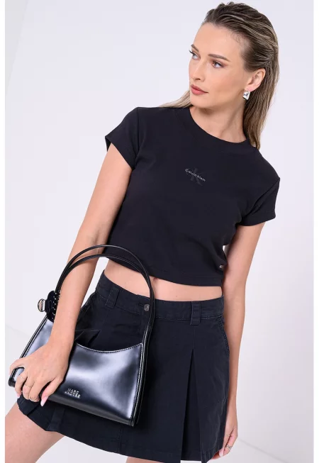 Къса тениска с рипс - Черен