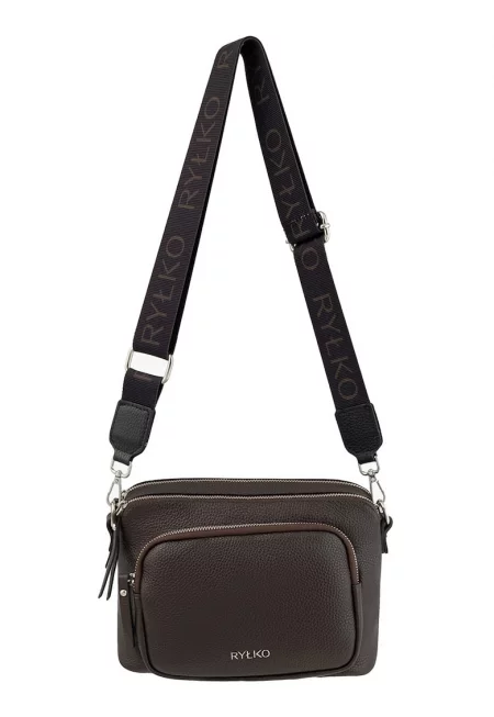 Кожена чанта през рамо с външен джоб - Тъмнокафяв