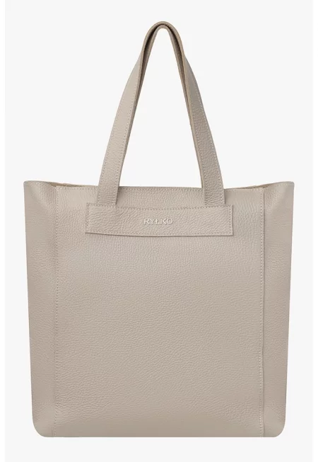 Кожена чанта тип Tote с метално лого - Светло кафяво