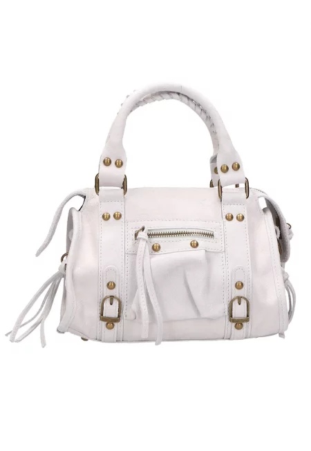 Кожена ръчна чанта с джобове с цип - Бял