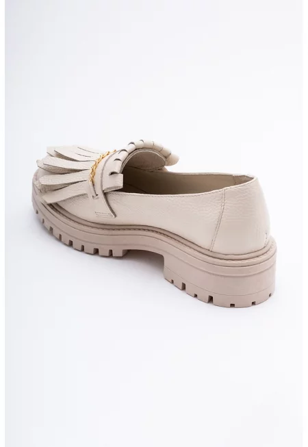 Кожени мокасини с масивен ток - Крем