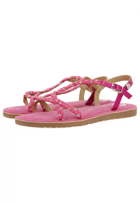 Кожени сандали с декоративни камъни - Фуксия