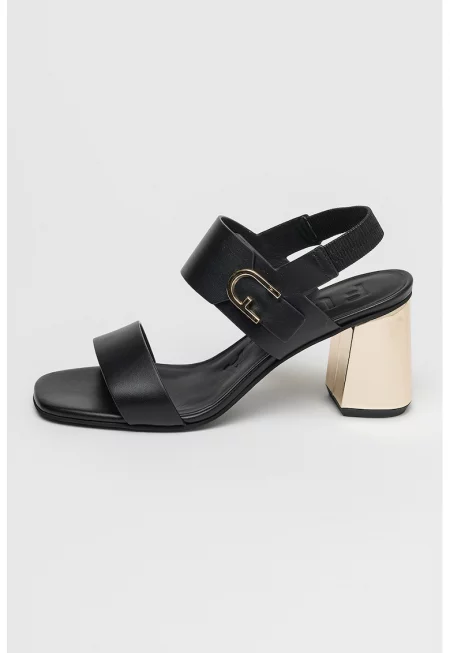 Кожени сандали с масивен ток - Златист/Черен