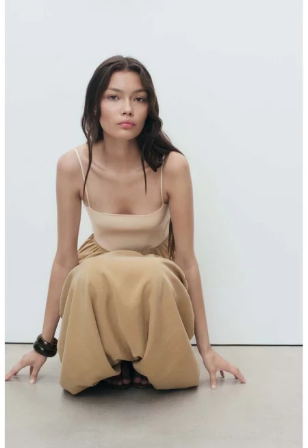 Миди рокля с регулиращи се презрамки - Слонова кост/Светлокафяв