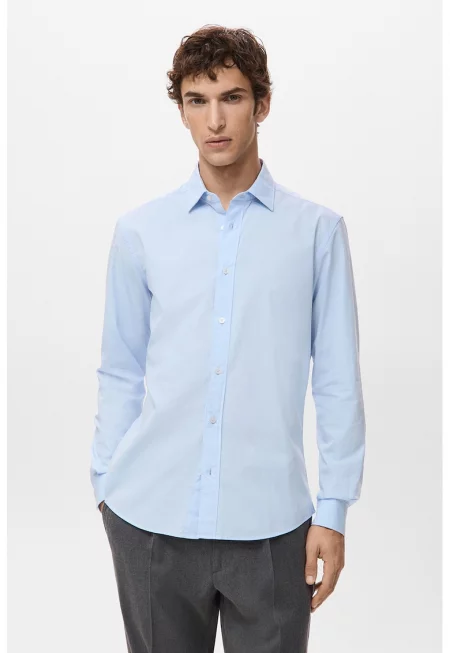 Памучна риза с копчета на маншетите - Светлосин