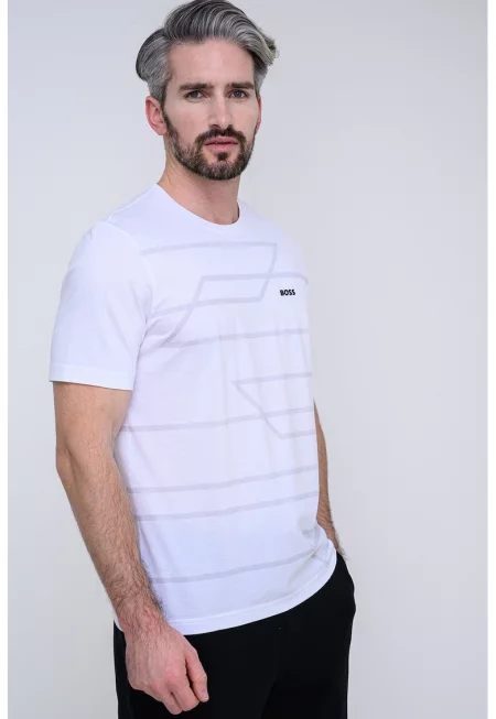 Памучна тениска с принт - Бял/Светло сив