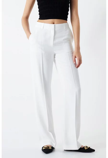 Панталон с ръб и висока талия - Бял
