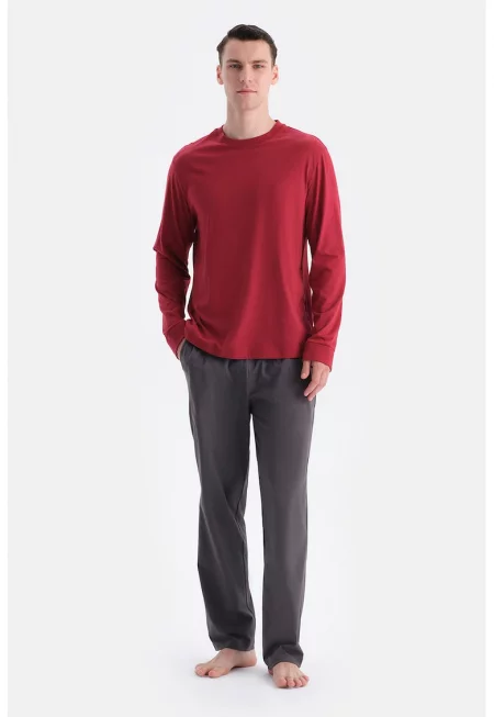 Пижама с памук - Червен/Антрацитно сиво