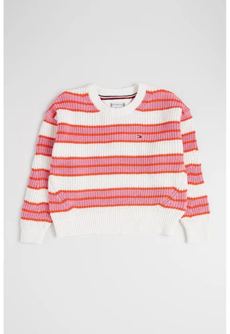 Плетен пуловер с райе - Бял/Оранжев/Розово