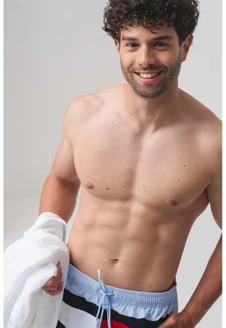 Плувни шорти с лого и връзка - Червен/Пастелносин/Черен