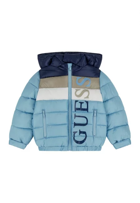 Подплатено зимно яке с качулка и лого - Тъмносин/Ледено синьо/Светло бежово