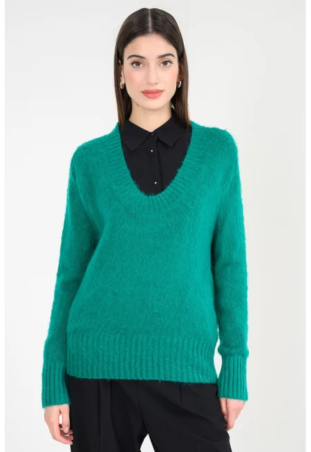 Пуловер с мохер и овално деколте - Аква зелено