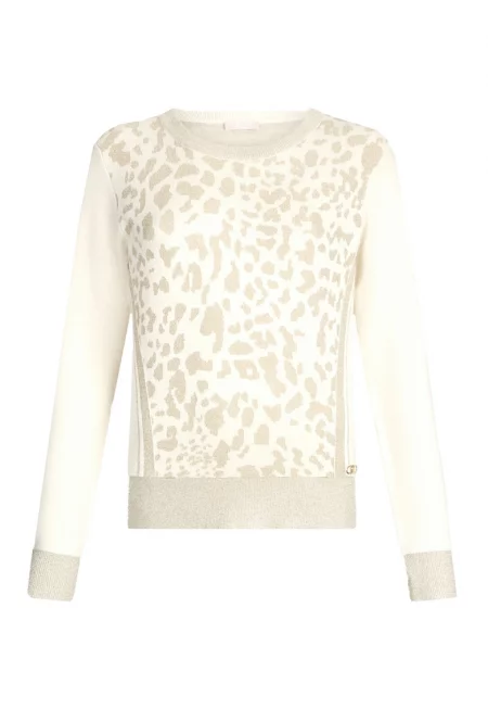Пуловер с животинска шарка и бляскави детайли - Бял/Златист