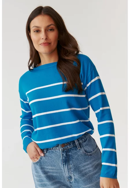 Раиран пуловер с деколте тип лодка - Бял/Син