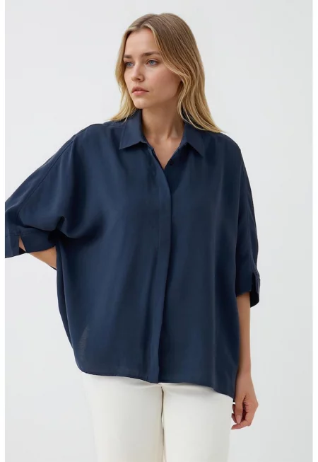 Риза с модал с паднали ръкави - Тъмносин
