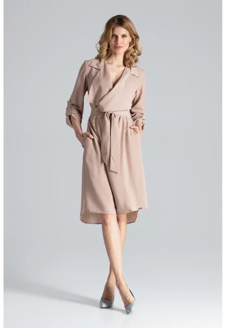 Рокля  M464 - дълъг ръкав - бежова - полиестер - елегантна
