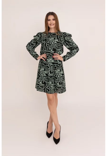 Рокля Yara с лен с десен - Зелен/Черен