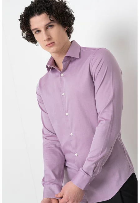 Слим риза с маншети с копчета - Тъмнорозов