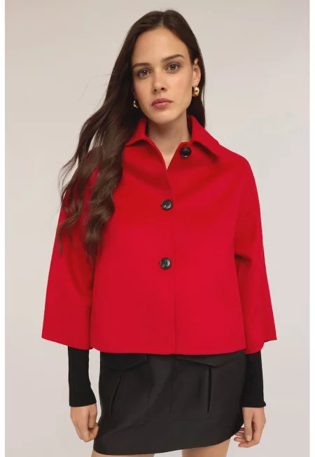 Свободно яке с вълна и 3/4 ръкави - Аленочервен