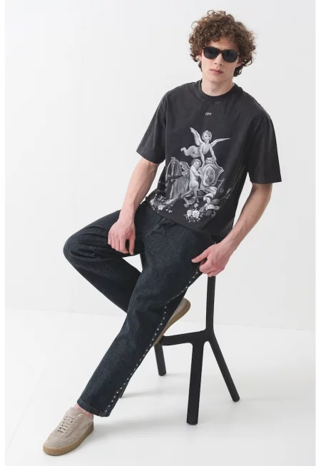 Тениска с графика - Бял/Антрацитно сиво