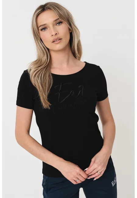 Тениска с овално деколте и лого - Черен