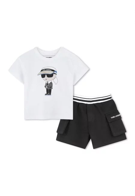 Тениска с памук с лого и къс панталон - 2 части - Бял/Черен