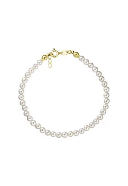 Златна гривна 585 - 14К с бели култивирани перли 4мм - класическа закопчалка - 16-17 CM